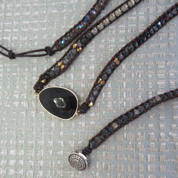 NAKAMOL Faceted Crystal Natural Stones Beads and Leather Mix Wrap Bracelet Black - Picture 5 of 6